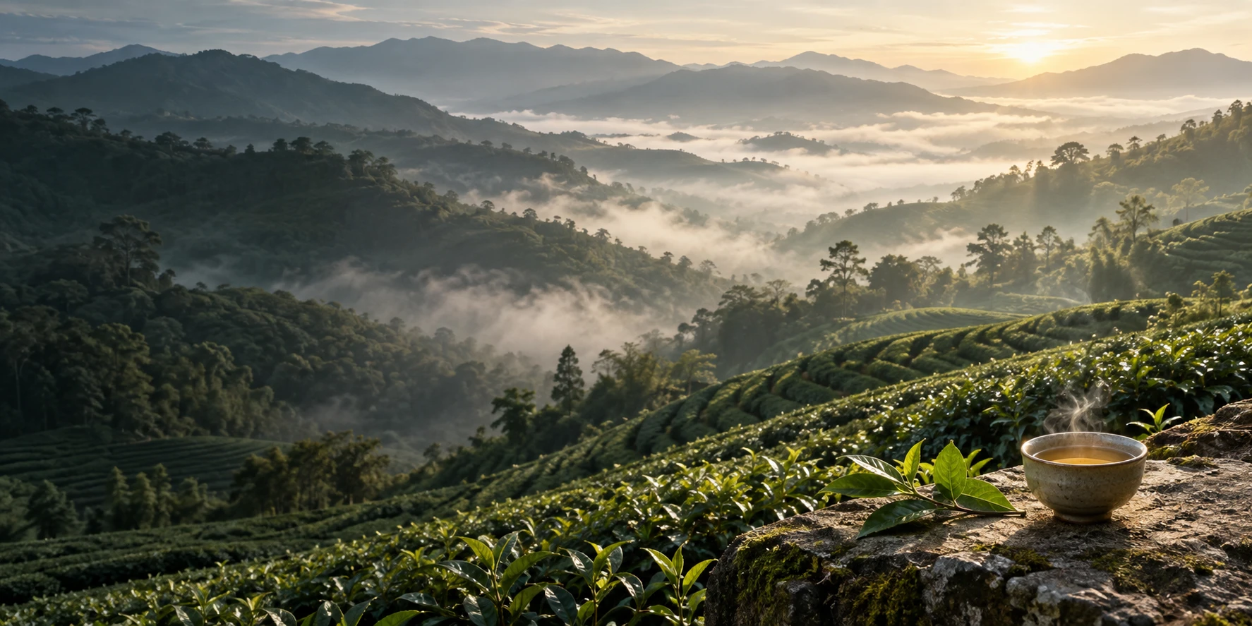 台灣茶園晨霧與熱茶的情境意象